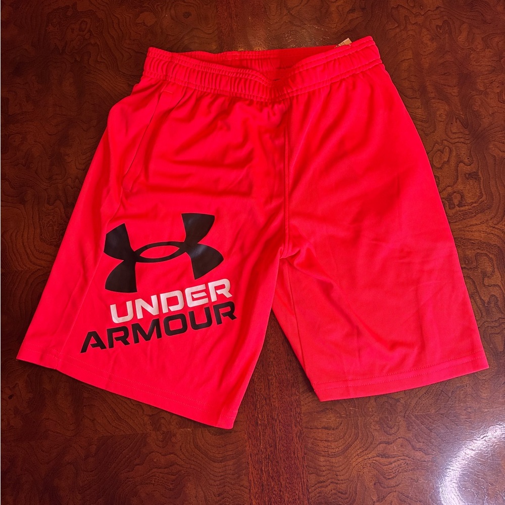 Under Armour Youth Neon Red Athletic Shorts with Black Logo
